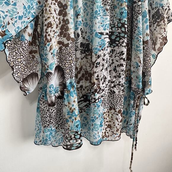 Sere Nade Top M Blue Brown Animal Chiffon Drawstring Split Sleeve Popover Boho - Picture 4 of 9